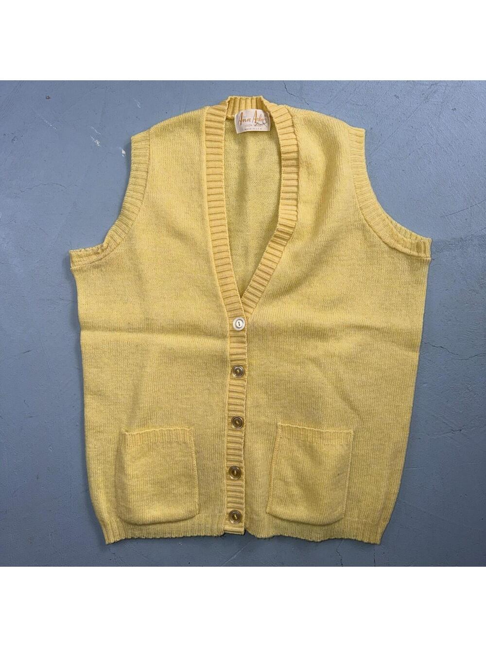 VTG 1960s 1970s Wool Caridgan Sweater Rockabilly Womens Mod Knit Yellow Vest